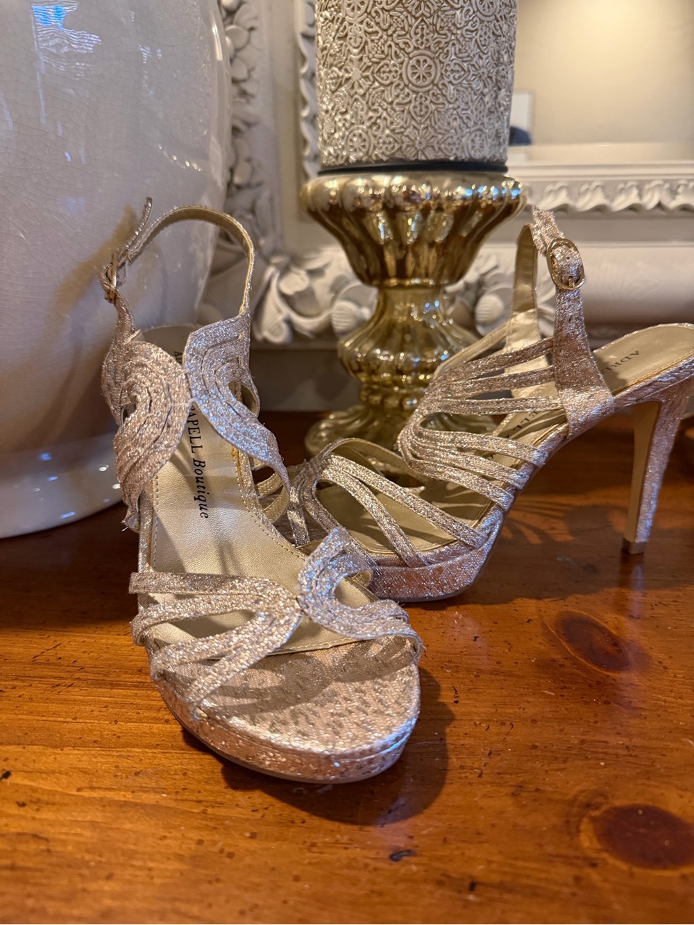 Adrianna Papell Glitter Strappy Gold High Heel Sandals